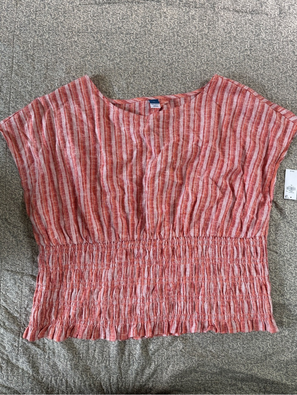 Old Navy Coral and White Striped Smocked-Hem Blouse